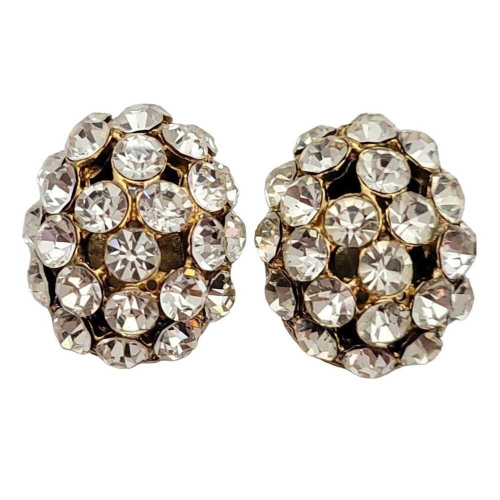 Donald Stannard Gold Tone Clear Rhinestone Oval Domed Clip On Earrings, E967